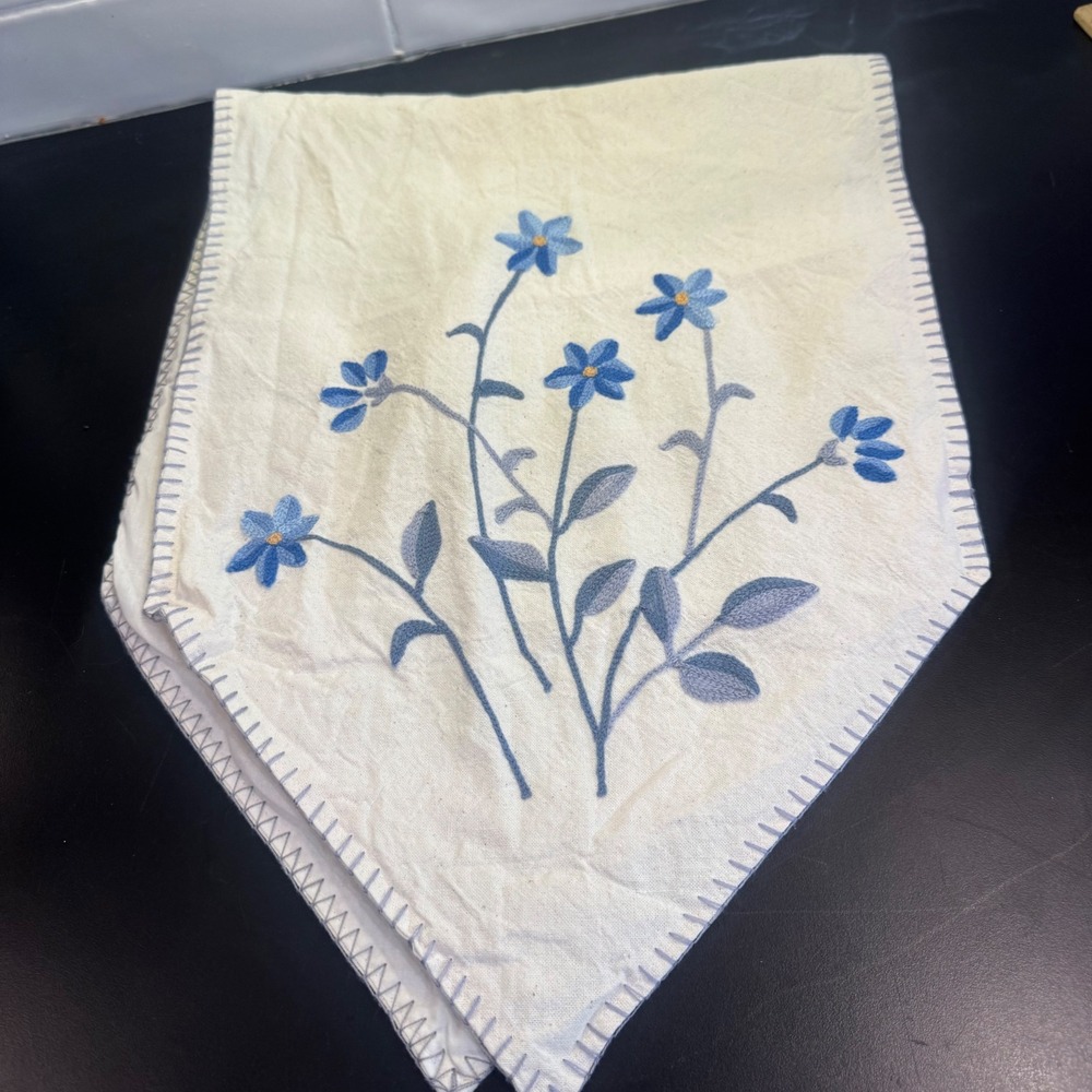 Table Runner Cream 14x36 Blue Floral Embroidered Cottagecore Whipstitch Trim
